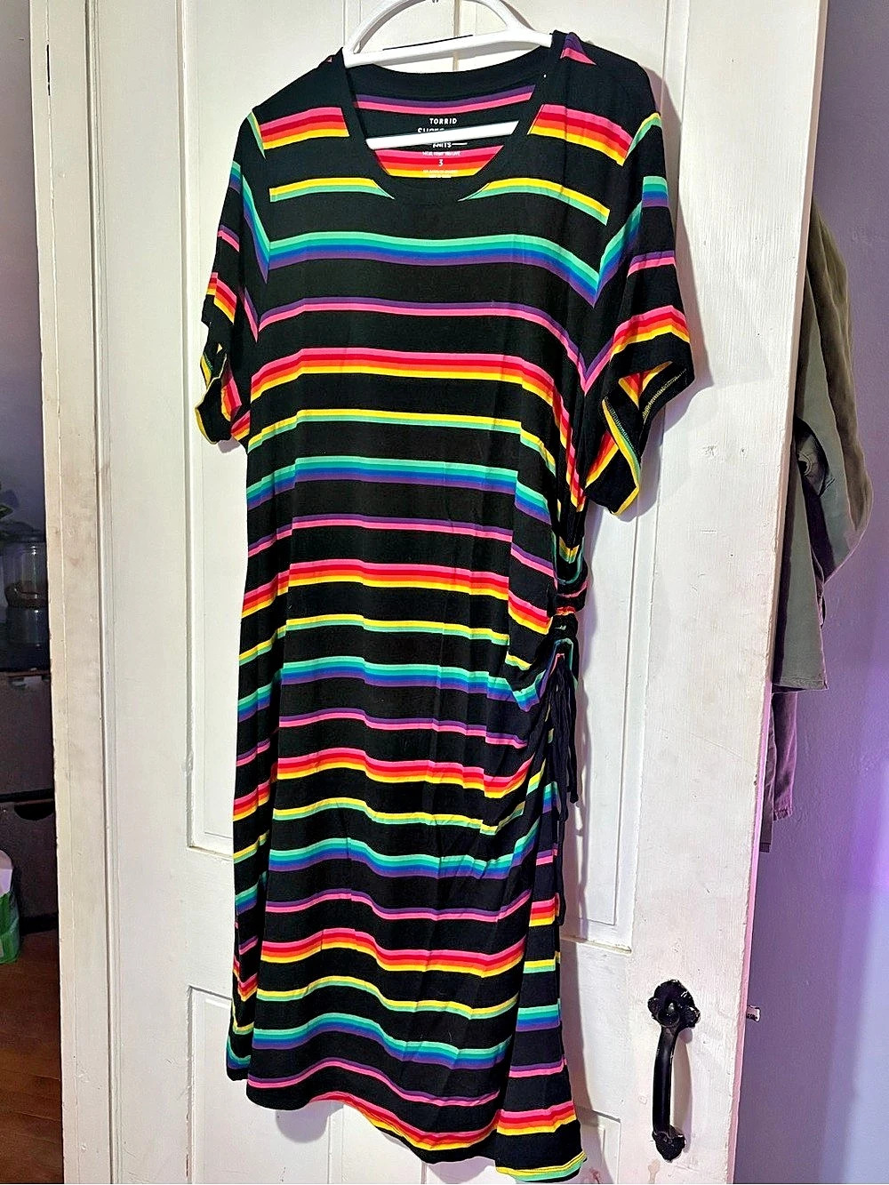 Torrid Super Soft Knits Rainbow Stripe Ruched T-Shirt Midi Dress Rainbow Stripe